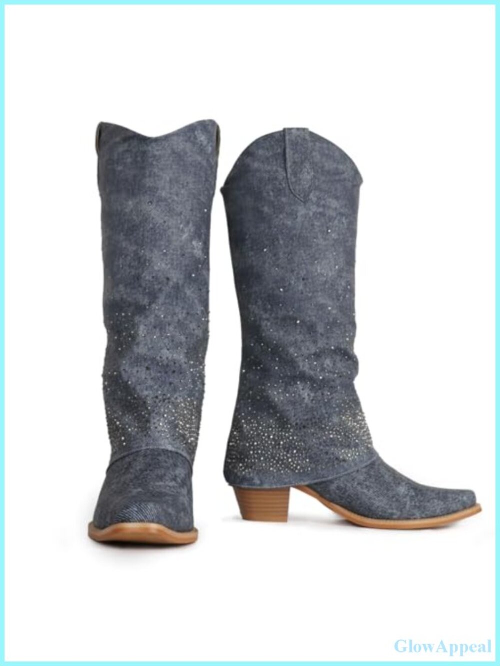 Denim Cowgirl Knee High Boots Rhinestone Fold Over Chunky Heel Western